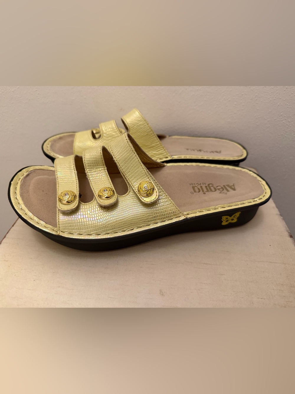 Alegria Gold Triple-Strap Slide Clogs